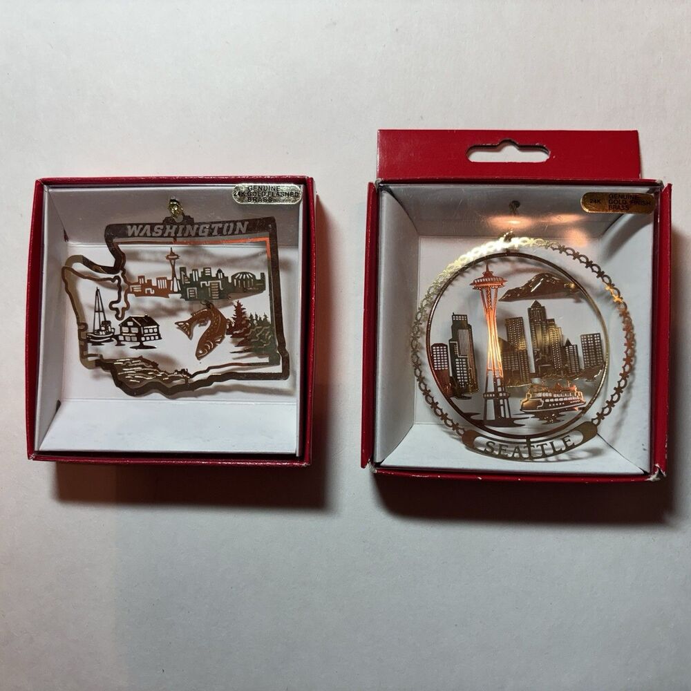 2 Nation’s Treasures Washington Xmas Ornaments Genuine 24K Gold Finish Brass